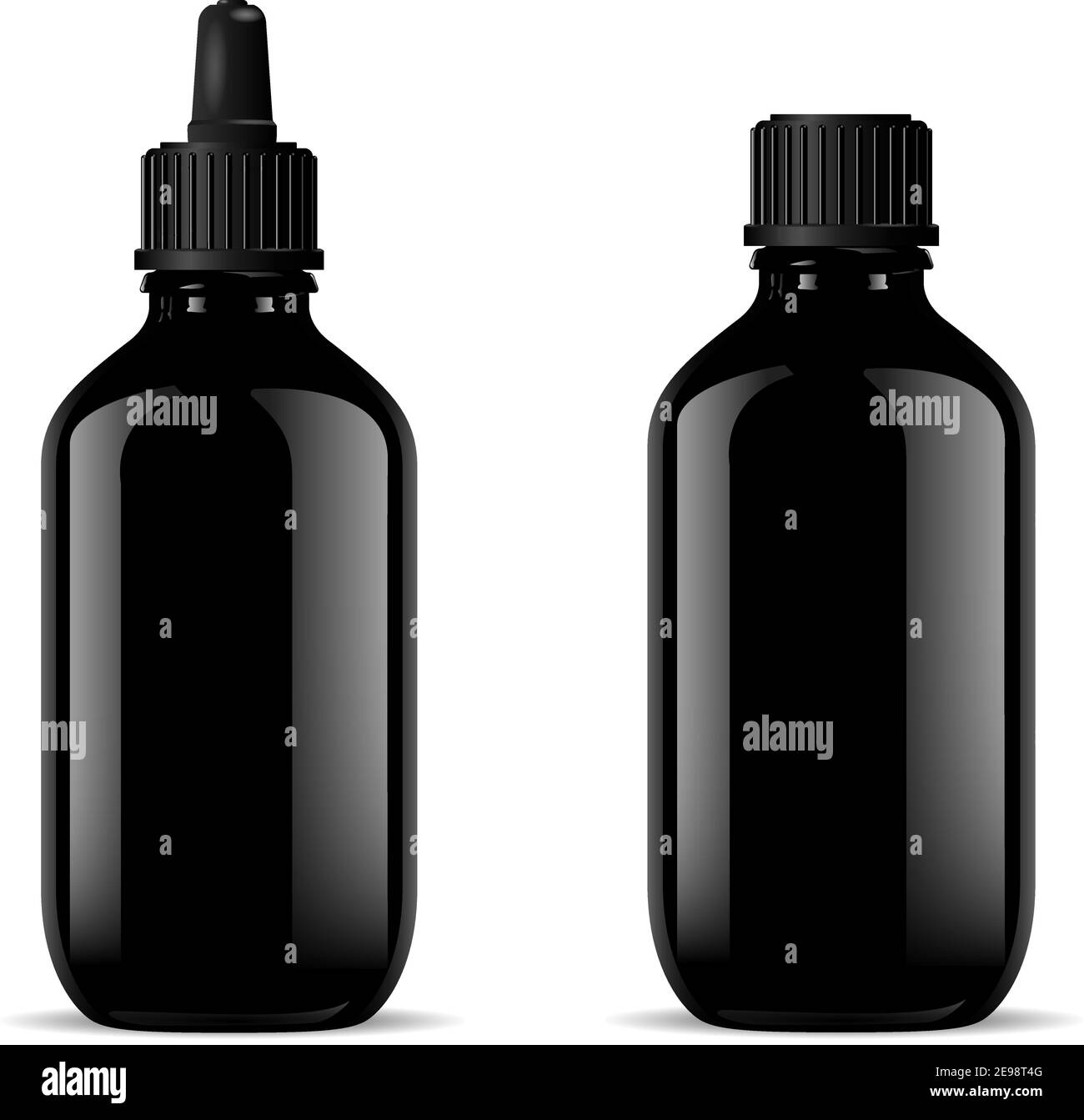 Black Glass Medical Bottles Set. Dropper Mockup. Screw Lid Flask with Pipette for Pharmaceutical Product Syrup, Oil, Nasal Liquid, Essence. Pharmacy J Stock Vector