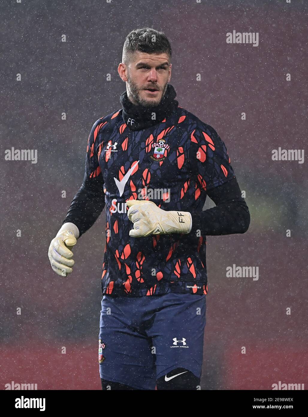 Southampton goalkeeper Fraser Forster warming up before the Premier League  match at Old Trafford, Manchester. Picture date: Tuesday February 2, 2021  Stock Photo - Alamy