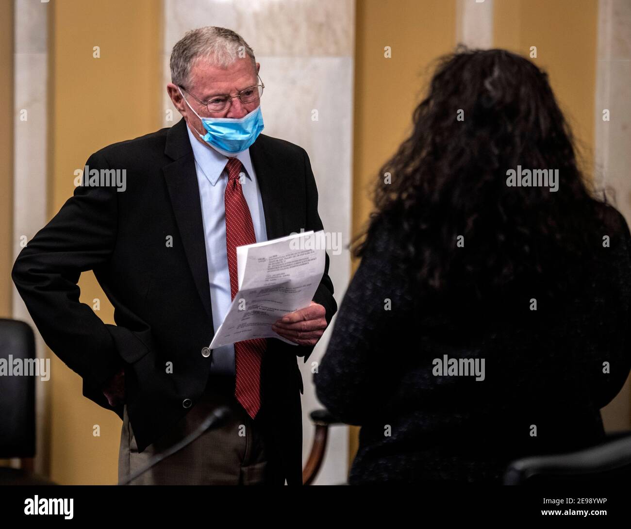 Washington, USA. 03rd Feb, 2021. WASHINGTON, DC - February 03: Sen. James Inhofe(R-OK), introduces himself to the nominee at the Senate Small Business and Entrepreneurship hearings to consider the nomination of Isabella Casillas Guzman to be Administrator of the Small Business Administration in Washington, DC. (Photo by Photo by Bill O'Leary/Pool/Sipa USA) Credit: Sipa USA/Alamy Live News Stock Photo