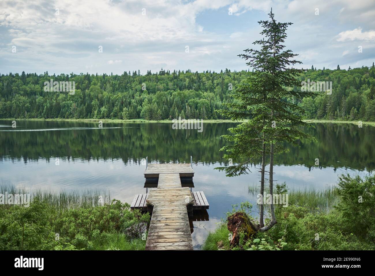 Still lake with dock in Canadian National park, Shawinigan, Quebec, Canada Stock Photo