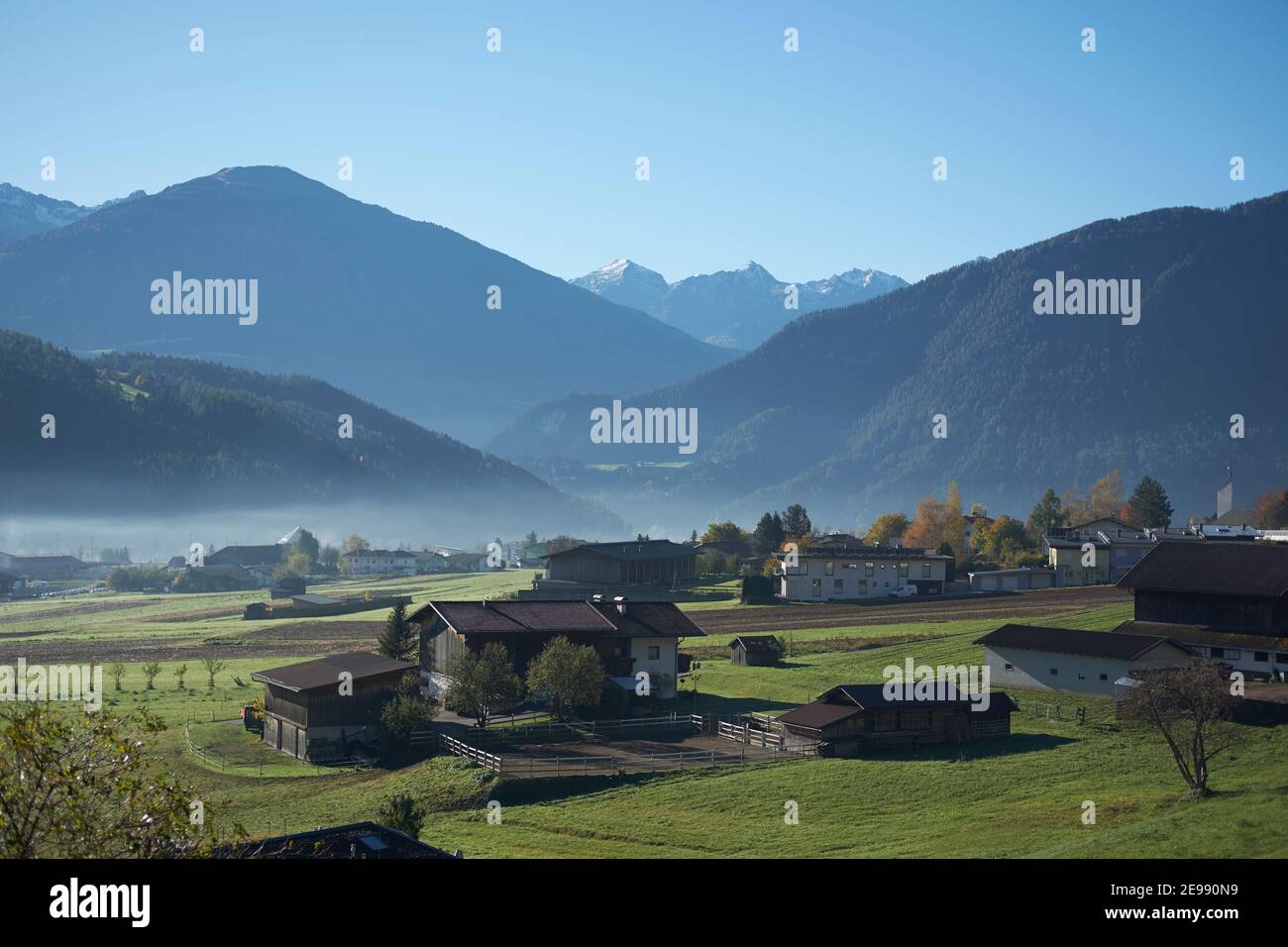 Small village in the austrian alps during morning, Imst, Austria, Europe, 2017 Stock Photo