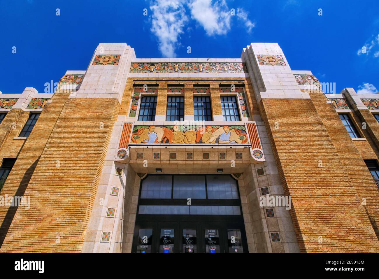 A close up view looking up from the ground at the entrance of the art deco Pavilion at Expo Square, Tulsa Oklahoma's fairgrounds. Stock Photo
