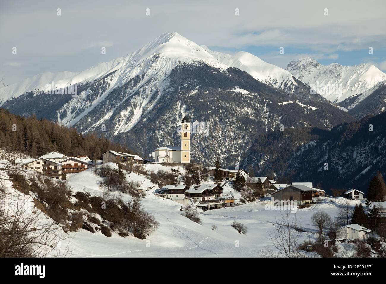 Brienz/Brinzauls in the canton of Graubünden, Switzerland, is built in a  landslide area on unstable ground. The tower of St. Calixtus Church leans  Stock Photo - Alamy