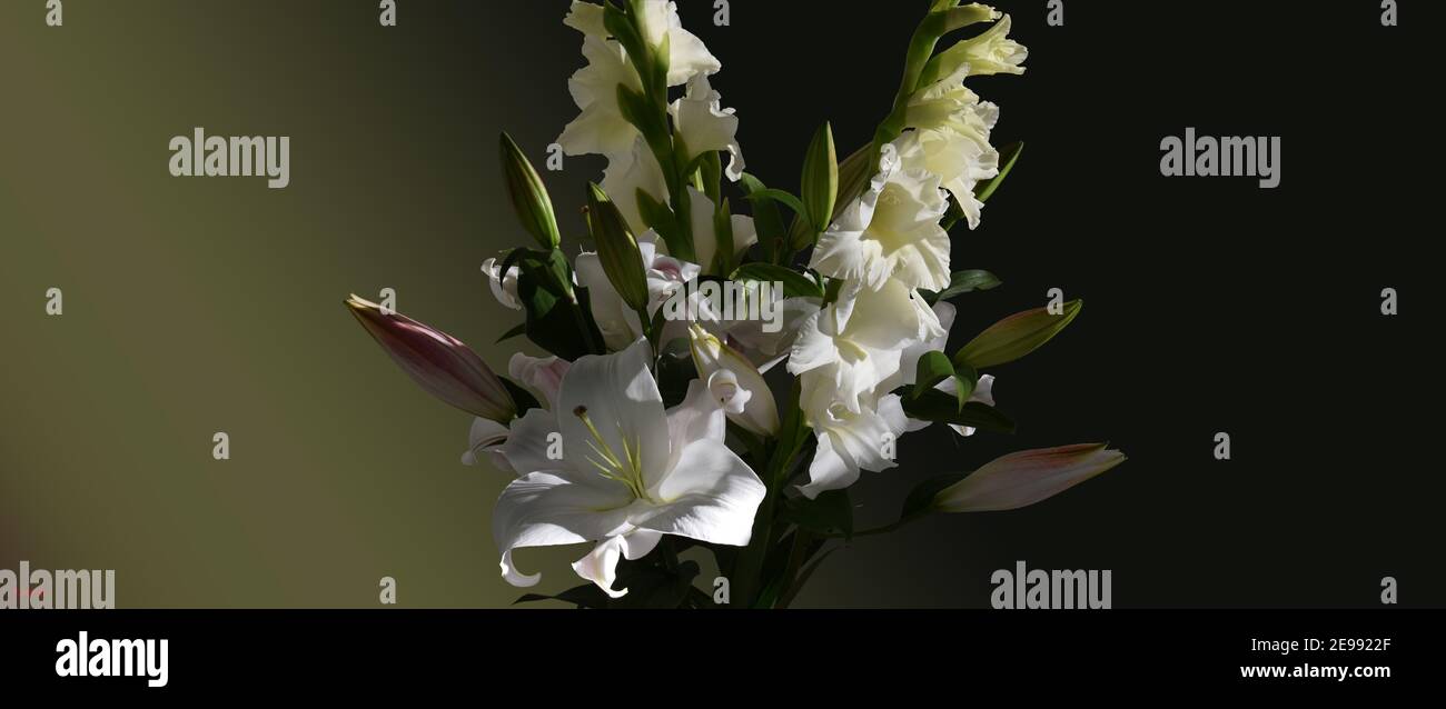 Impression bouquet de lys blancs et glaïeuls Stock Photo