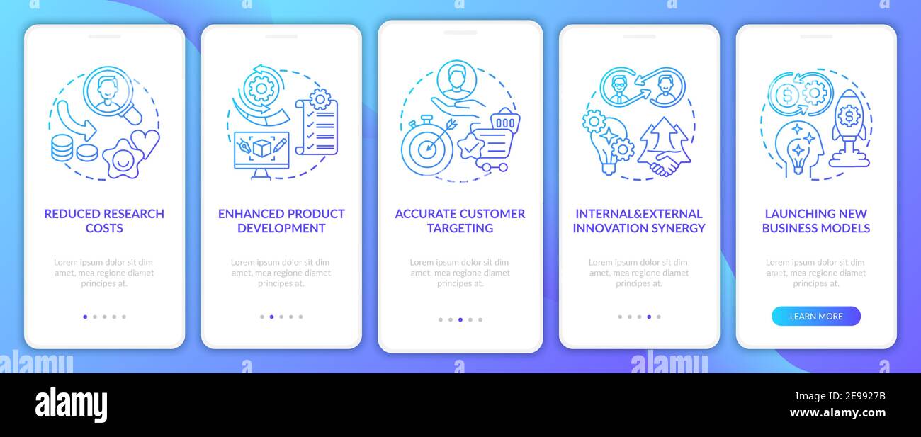 Open innovation advantages onboarding mobile app page screen with concepts Stock Vector