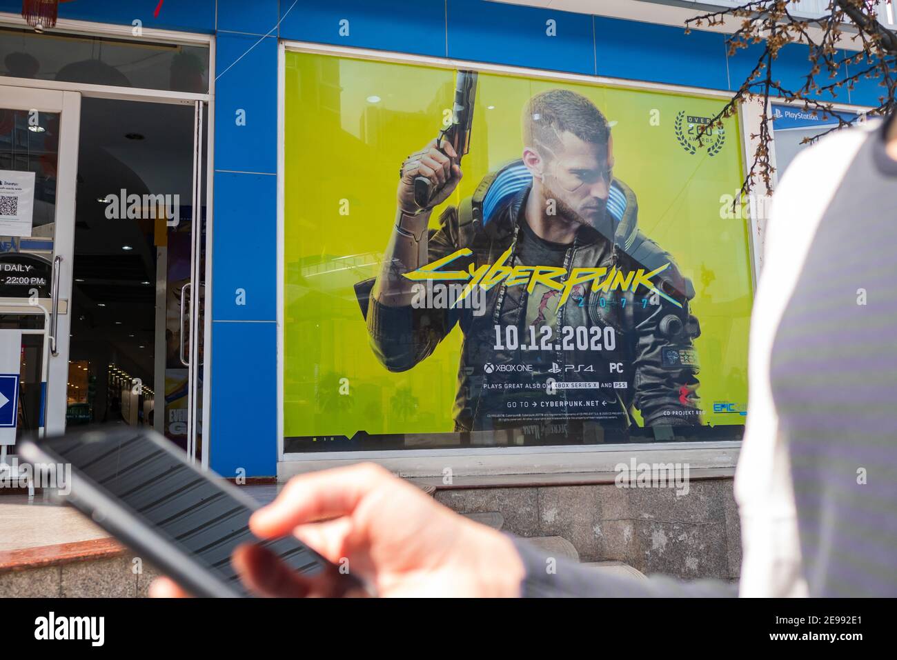 Bangkok, Thailand - January 30, 2021 : Cyberpunk 2077, action role-playing video game developed and published by CD Projekt, advertisement was install Stock Photo