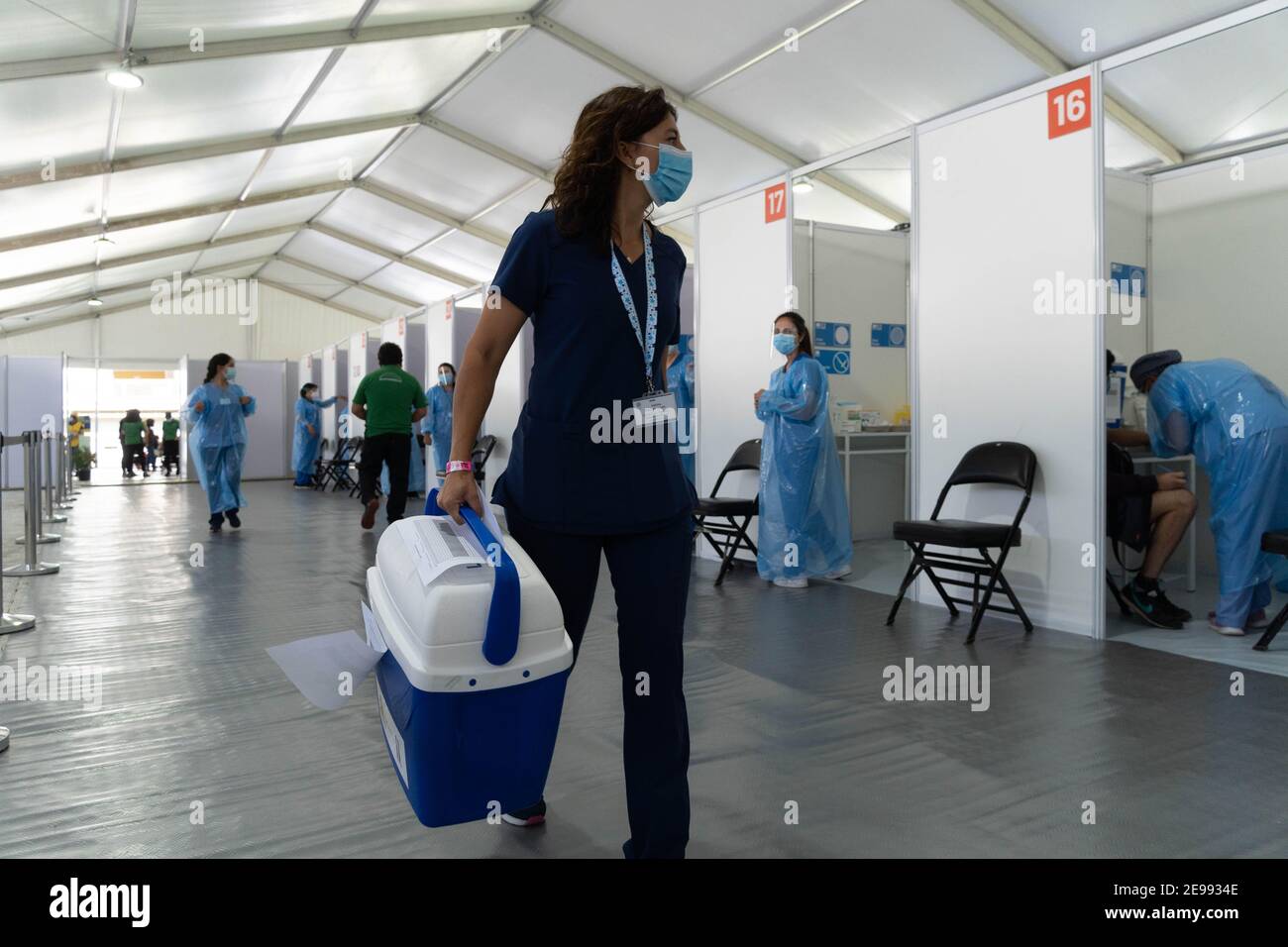 Santiago, Metropolitana, Chile. 3rd Feb, 2021. A health worker carries Sinovac vaccines in a cooler, on the first day of mass vaccination against covid in Chile. Credit: Matias Basualdo/ZUMA Wire/Alamy Live News Stock Photo