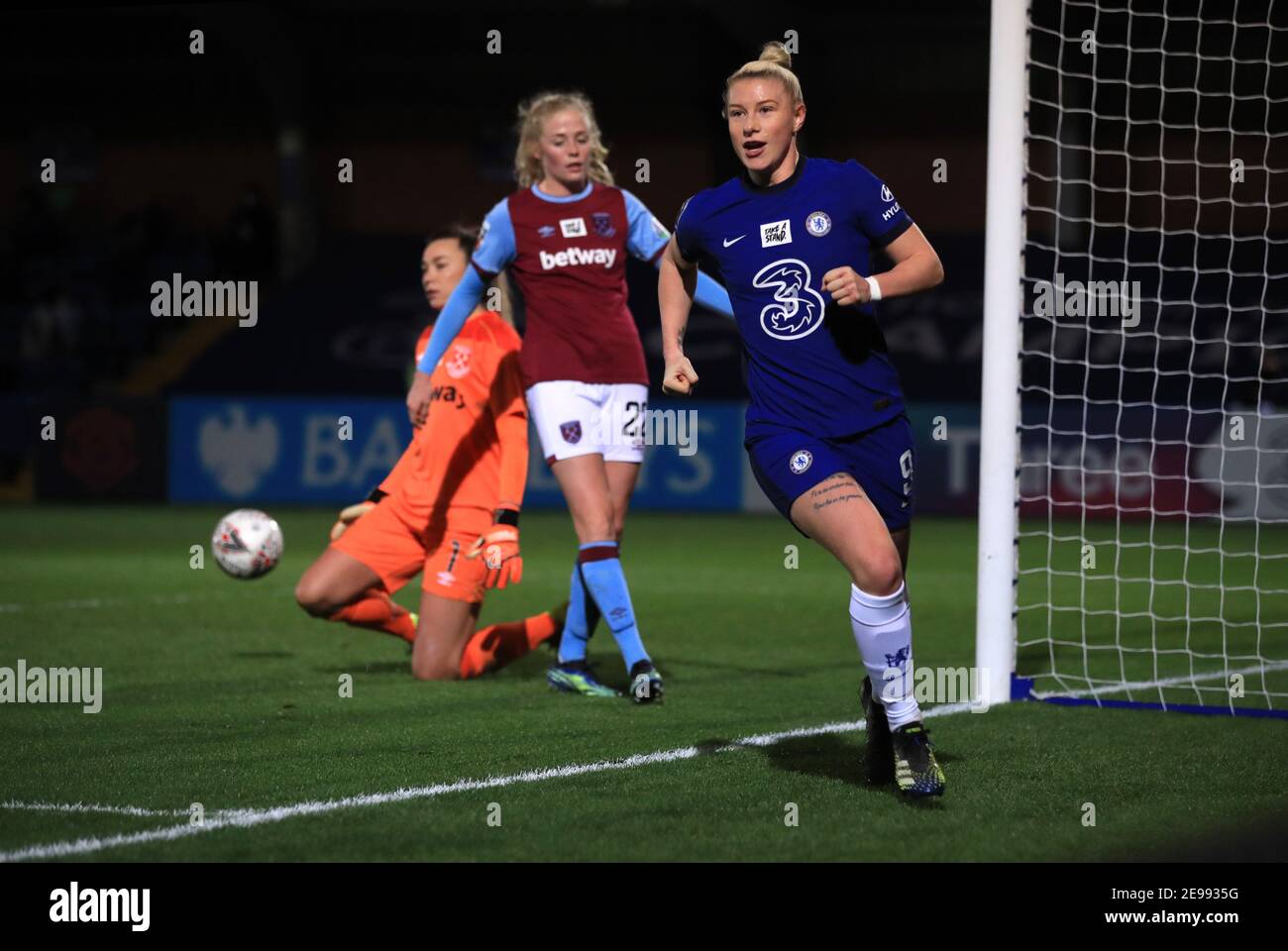 Chelsea's Beth England celebrates after scoring her sides fourth goal during the FA Women's Continental Tyres League Cup Semi Final match at Kingsmeadow, London. Picture date: Wednesday February 3, 2021. Stock Photo