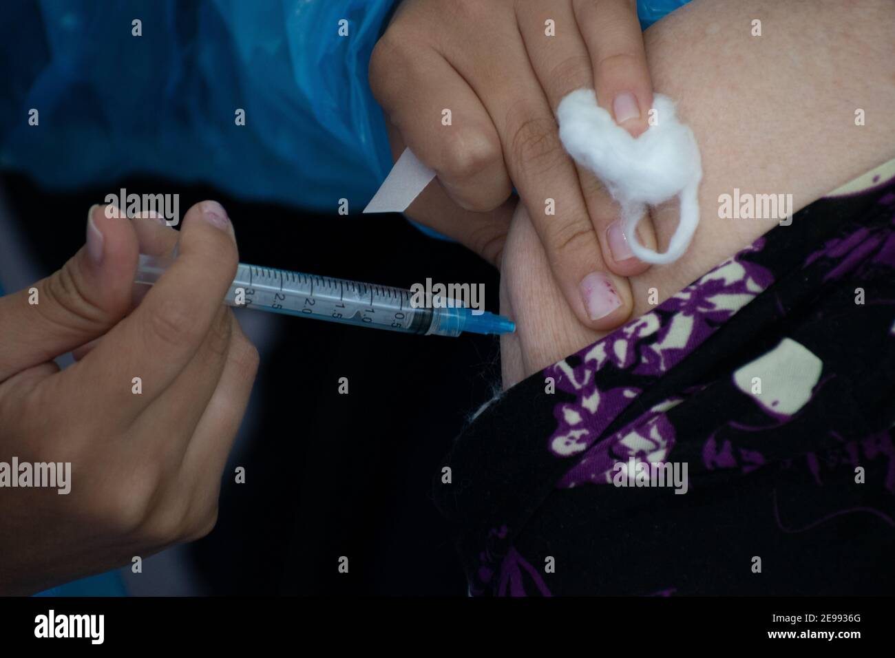 Santiago, Metropolitana, Chile. 3rd Feb, 2021. Sinovac vaccine is administered to an older adult, on the first day of mass vaccination against covid in Chile. Credit: Matias Basualdo/ZUMA Wire/Alamy Live News Stock Photo