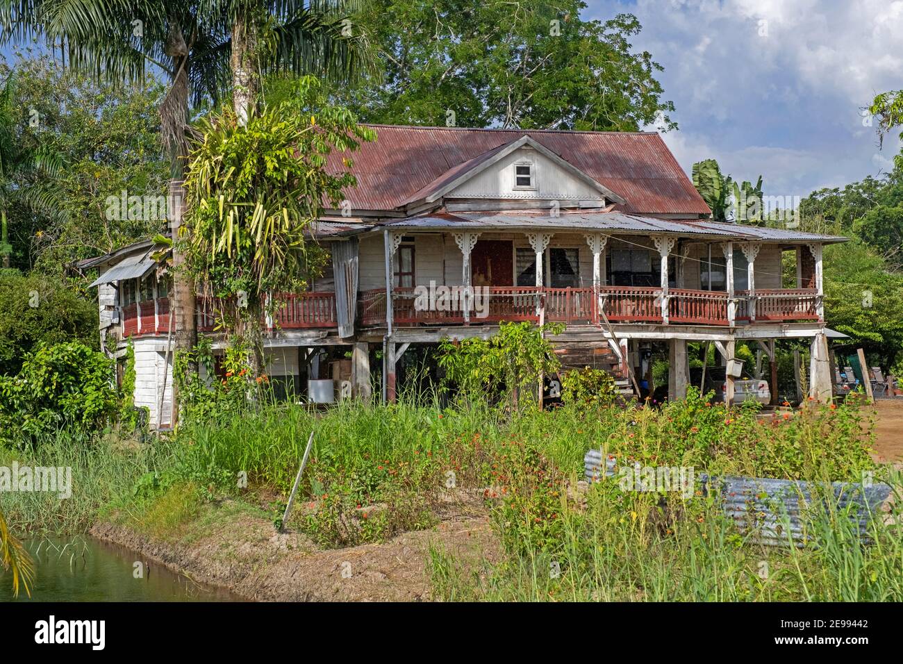 Dilapidated director's house of Peperpot, former coffee and cacao plantation in the Commewijne District in northern Suriname / Surinam Stock Photo