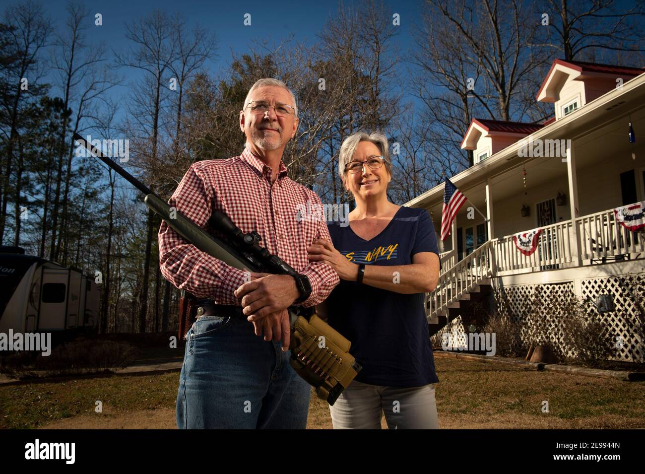 Jasper, GA, USA. 3rd Feb, 2021. Jerry Daniels and his wife Laura, both Navy veterans, registered Republicans and gun owners, at their Jasper, Georgia home. Both insist conservatives are still the core of Georgia voters, despite recent elections which they maintain were neither honest nor fair. 'I believe we are the working backbone of Georgia, ' he said. They are saddened by the mediaÃs unflattering image of conservatives. 'We have been referred to as Ã”people clinging to our guns and bibles, or characterized as Ã”basket of deplorables,Ã' he said, angered that federal agents reported Stock Photo