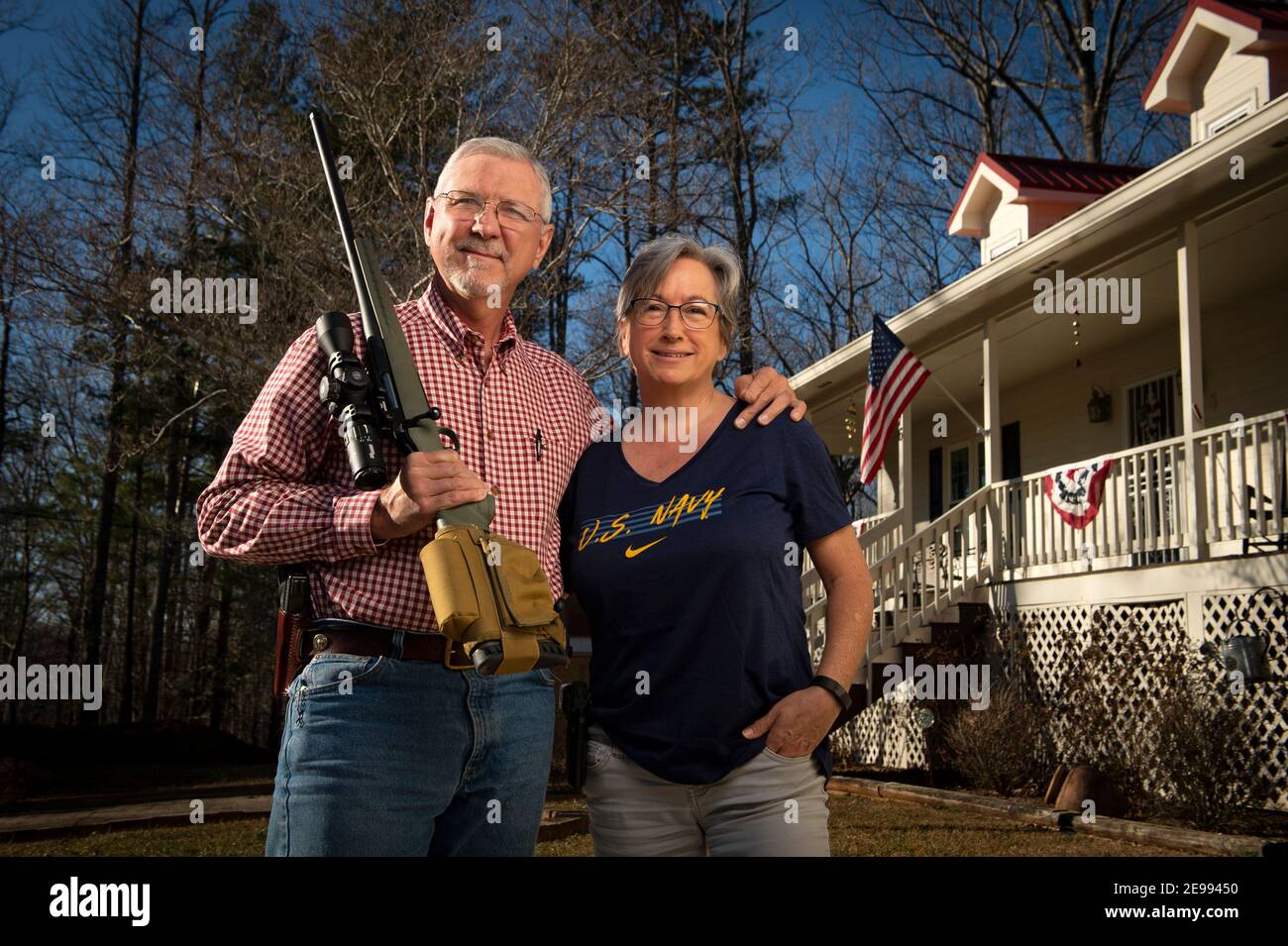 Jasper, GA, USA. 3rd Feb, 2021. Jerry Daniels and his wife Laura, both Navy veterans, registered Republicans and gun owners, at their Jasper, Georgia home. Both insist conservatives are still the core of Georgia voters, despite recent elections which they maintain were neither honest nor fair. 'I believe we are the working backbone of Georgia, ' he said. They are saddened by the mediaÃs unflattering image of conservatives. 'We have been referred to as Ã”people clinging to our guns and bibles, or characterized as Ã”basket of deplorables,Ã' he said, angered that federal agents reported Stock Photo