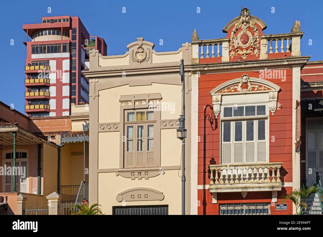 Colourful colonial buildings on the main square in the city centre of capital Manaus, Amazonas, Brazil Stock Photo