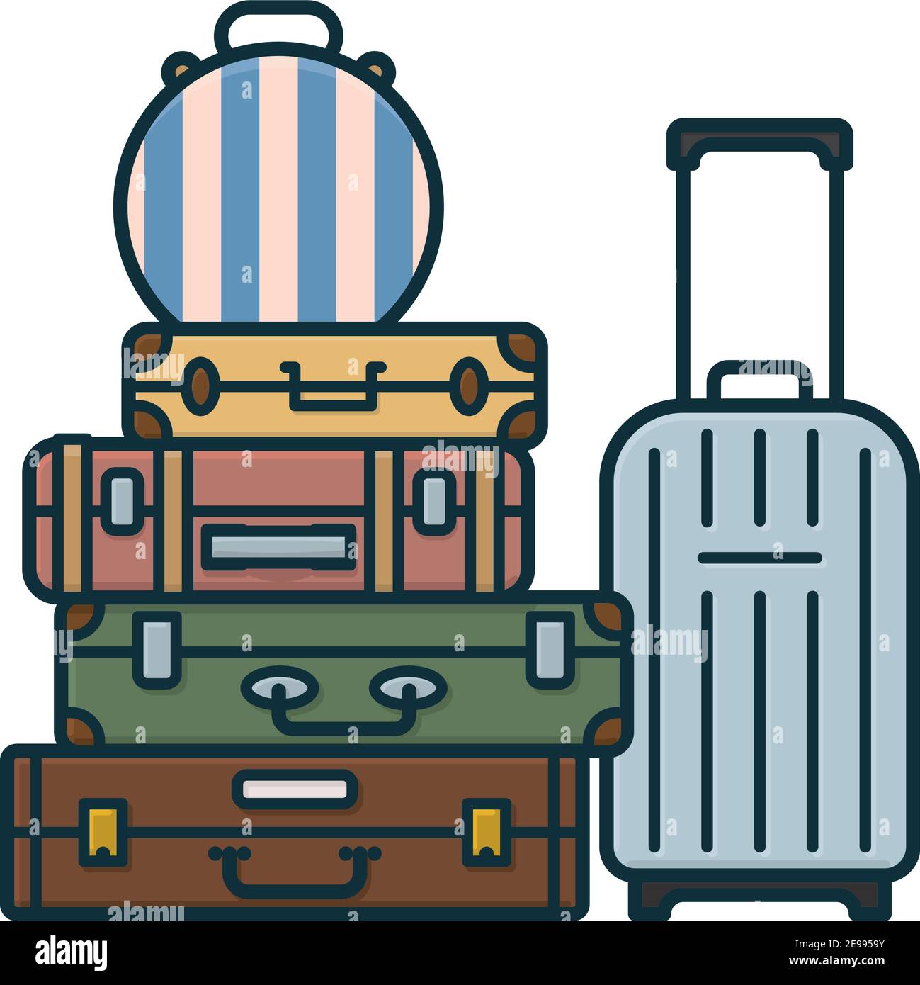 Stack of suitcases with a hat box and a rolling luggage case isolated ...