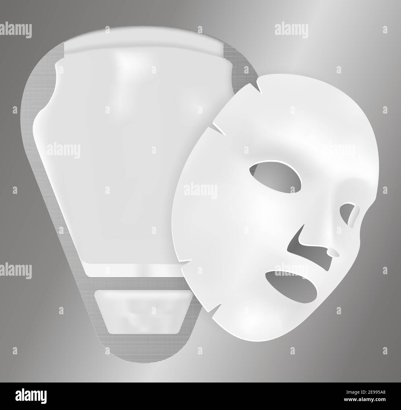 Facial Mask Pack with Sheet. 3d Silver Sachet Mockup for Moisturizing
