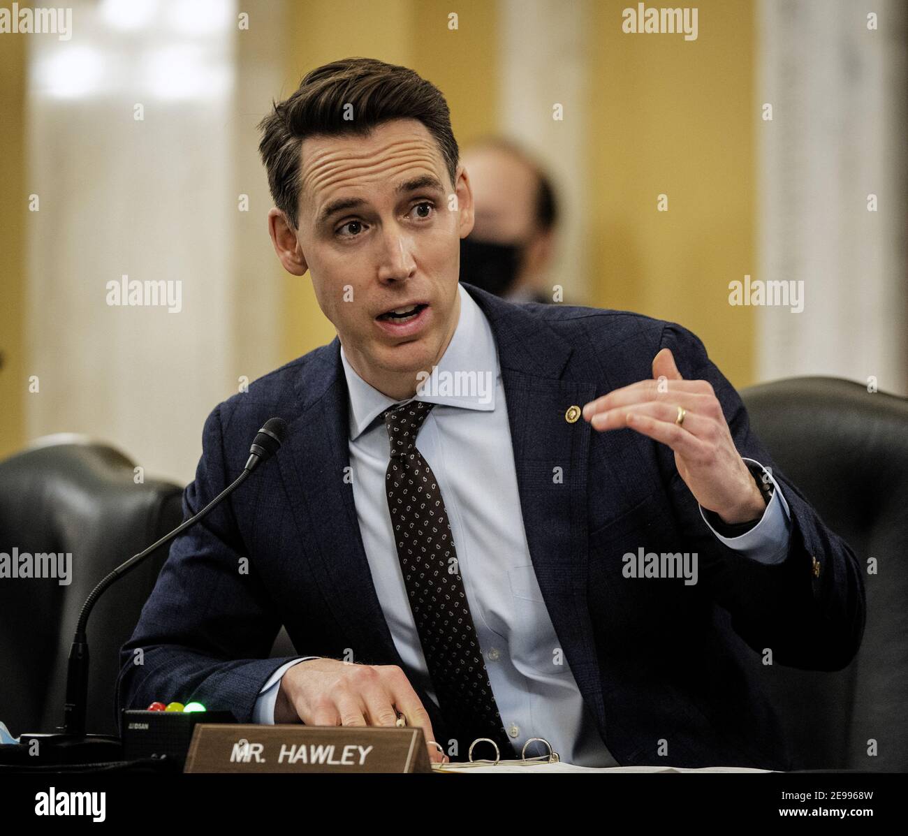 Washington, United States. 03rd Feb, 2021. Sen. Josh Hawley (R-MO), asks questions at the Senate Small Business and Entrepreneurship hearings to consider the nomination of Isabella Casillas Guzman to be Administrator of the Small Business Administration in Washington, DC on Wednesday, February 3, 2021. Pool photo by Bill O'Leary/UPI Credit: UPI/Alamy Live News Stock Photo