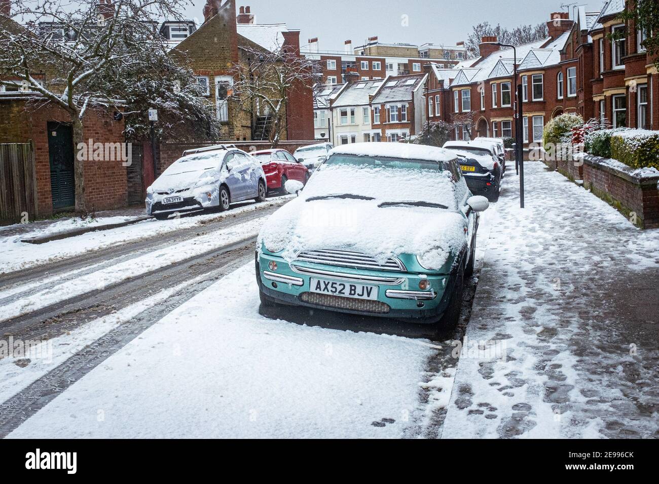 London streets covered with snow during winter Stock Photo