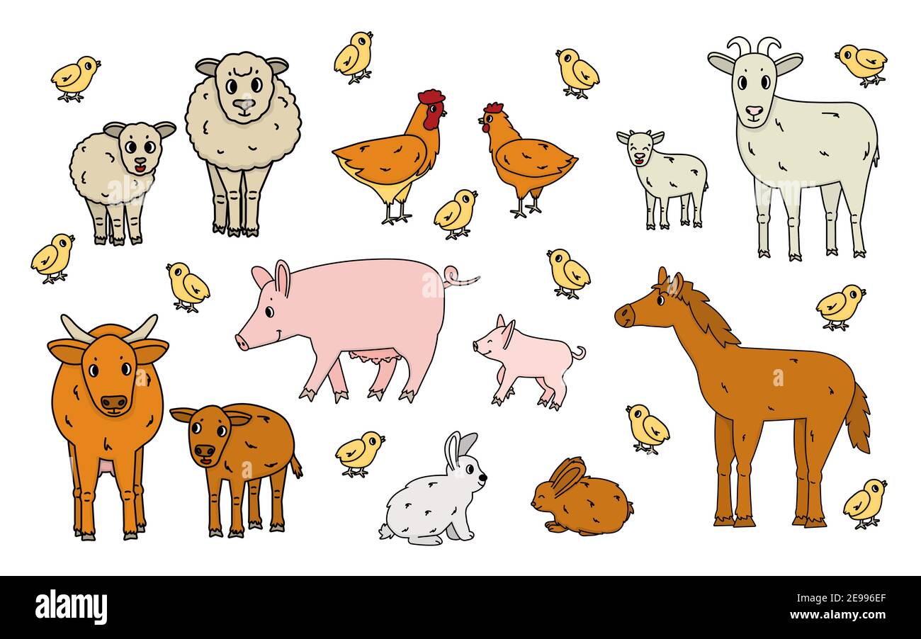 Set of cute doodle outline vector cartoon animals at the farm. Sheep, ram, cow, bull, calf, chicken, rooster, goat mother and kid, pig small and big, Stock Vector