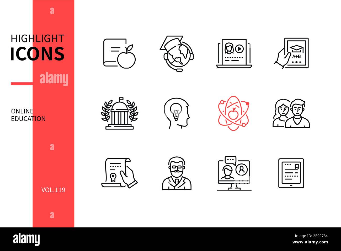 Online education - line design style icons set. E-learning, educational courses idea. Back to school, tutorials, university, ideas, science, students, Stock Vector