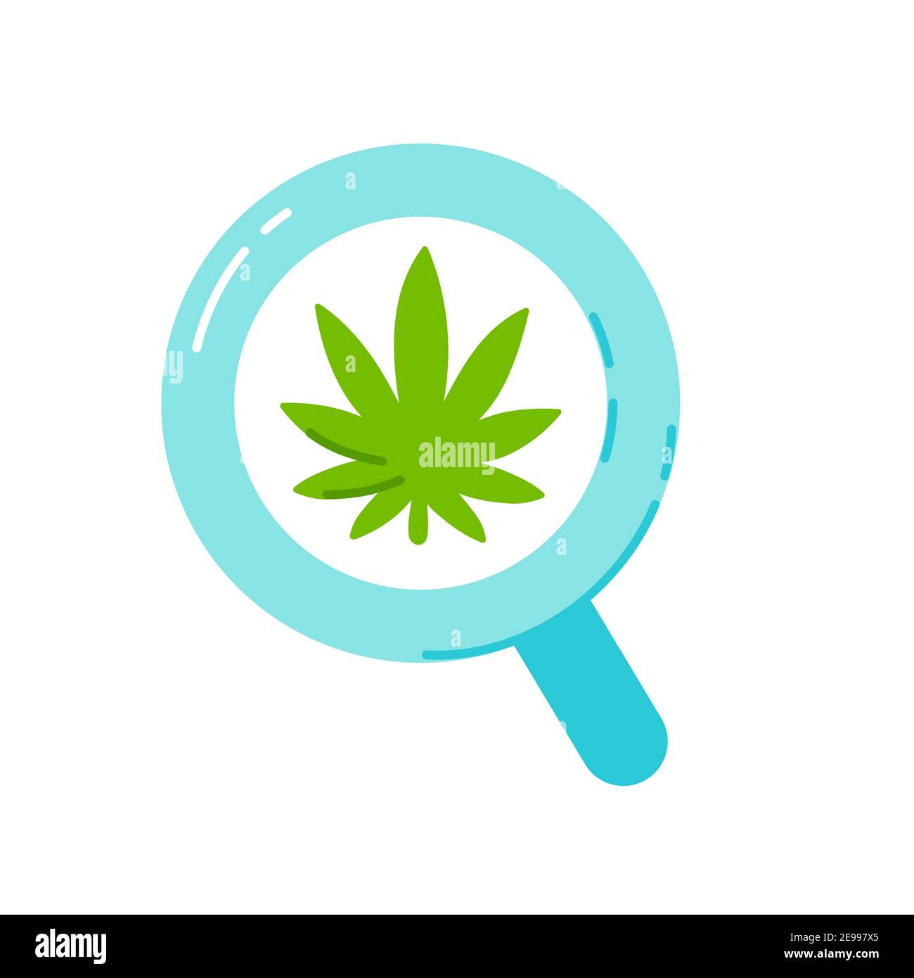 Marijuana weed leaf in magnifying glass. Vector trendty flat line
