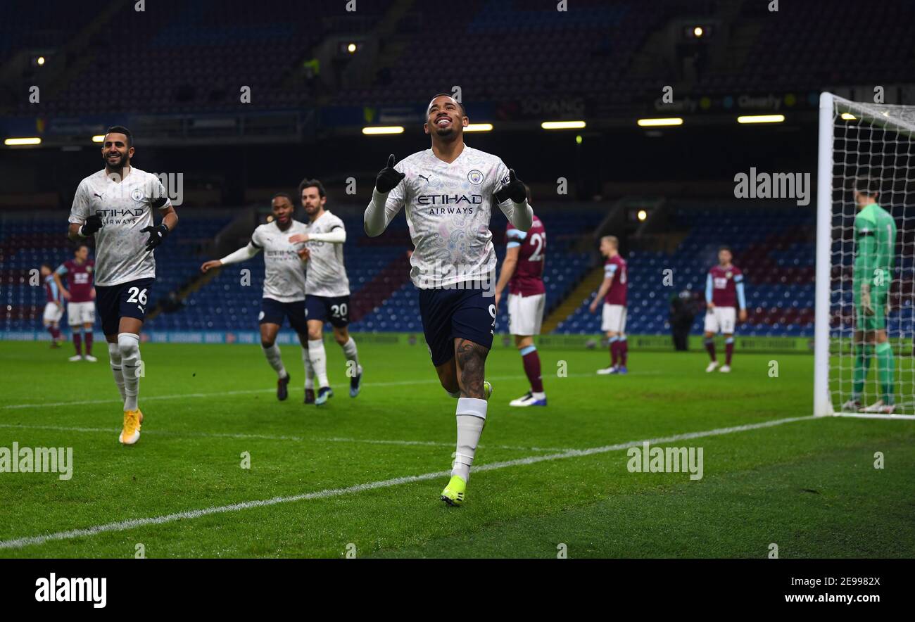 Manchester City's Gabriel Jesus celebrates scoring their side's first goal of the game during the Premier League match at Turf Moor, Burnley. Picture date: Wednesday February 3, 2021. Stock Photo