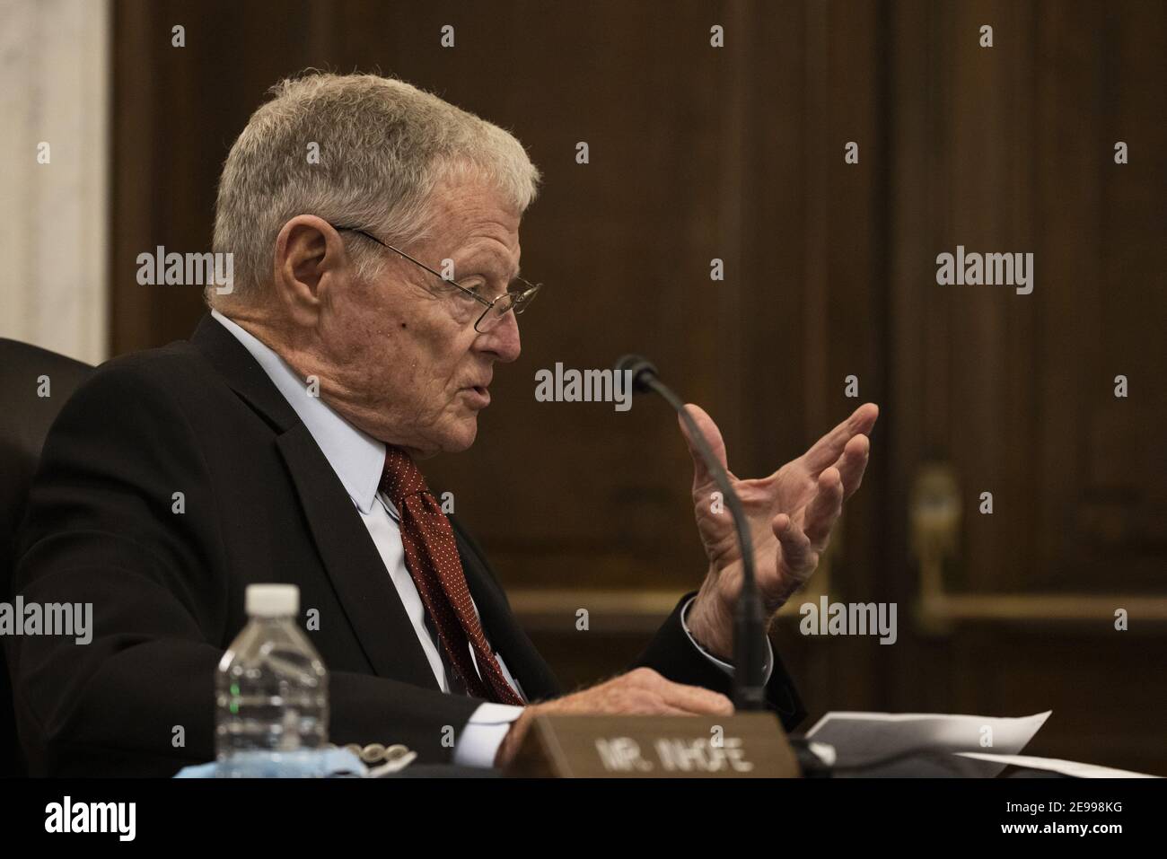 Washington, United States. 03rd Feb, 2021. Sen. James Inhofe (R-OK) speaks during the confirmation hearing held for SBA Administrator nominee Isabella Casillas Guzman at the U.S. Capitol on Wednesday, February 3, 2021 in Washington, DC. Previously Guzman served as the Director of California's Office of the Small Business Advocate. Pool photo by Tasos Katopodis/UPI Credit: UPI/Alamy Live News Stock Photo