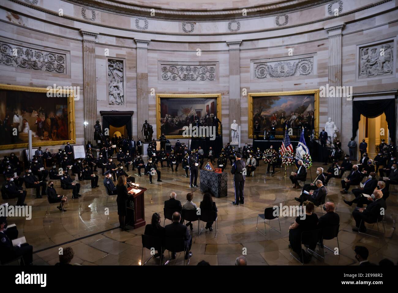 U.S. House of Representatives Speaker Nancy Pelosi speaks during a ceremony for late Capitol Police officer Brian Sicknick as he lies in honor in the Rotunda of the U.S. Capitol in Washington, U.S. February 3, 2021. (Photo by Carlos Barria/Pool/Sipa USA) Stock Photo