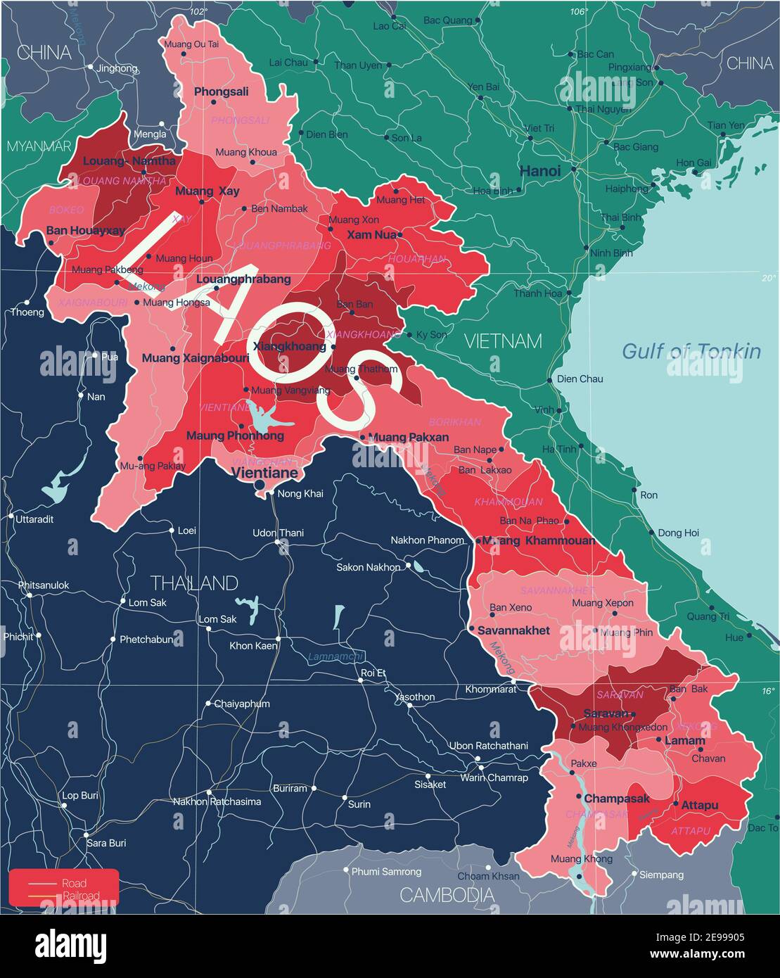 Laos country detailed editable map with regions cities and towns, roads and railways, geographic sites. Vector EPS-10 file Stock Vector