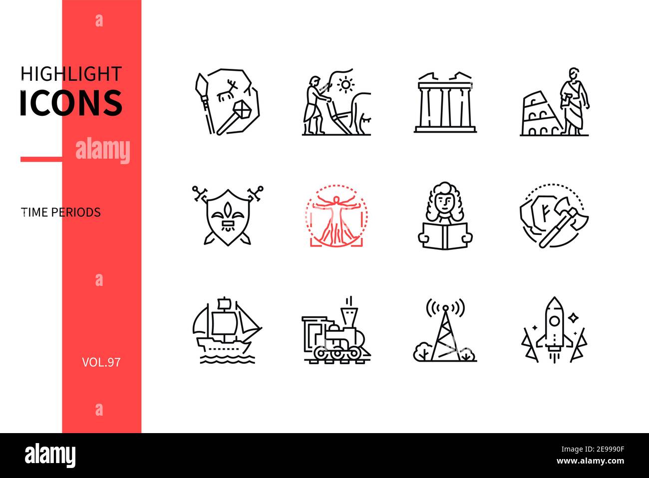 Time periods - line design style icons set. Historical and cultural eras symbols. Prehistory, ancient Rome and Greece, middle ages, Renaissance, indus Stock Vector