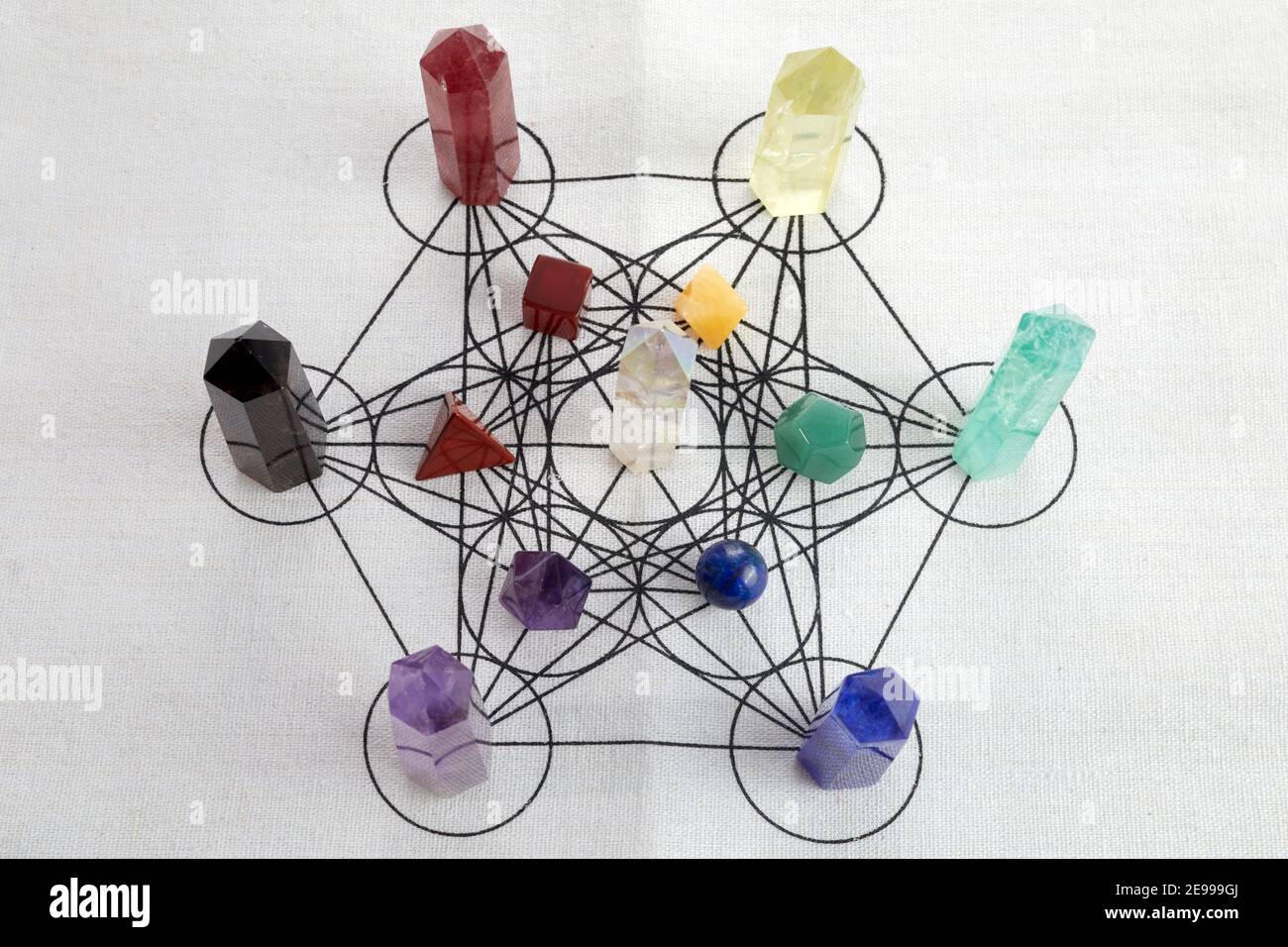 Meditation, reiki and crystal healing background. Healing crystals grid