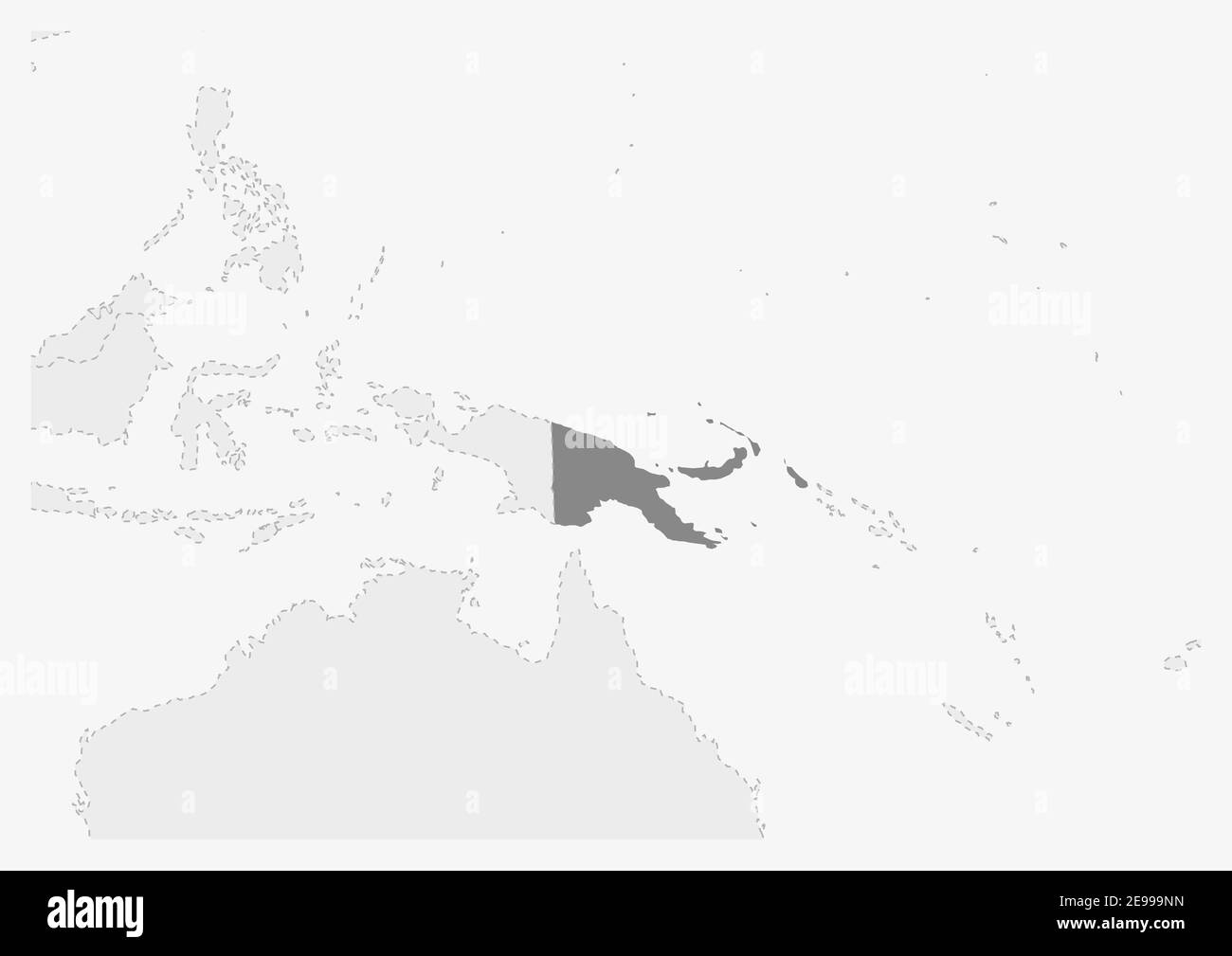 Map of Oceania with highlighted Papua New Guinea map, gray map of Papua New Guinea with