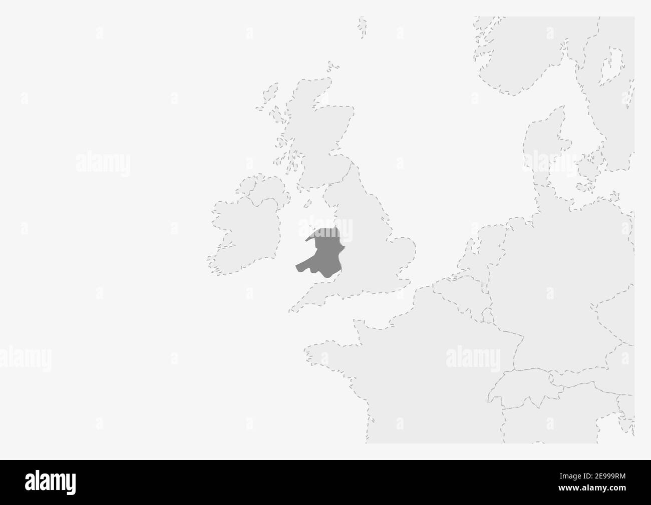 Map of Europe with highlighted Wales map, gray map of Wales with ...