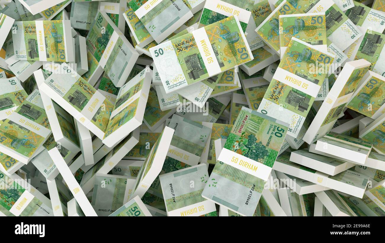 50 Dirham Moroccan Dirhams Bills Stacks Background 3D Illustration 50-dirham-moroccan-dirhams-bills-stacks-background-3d-illustration