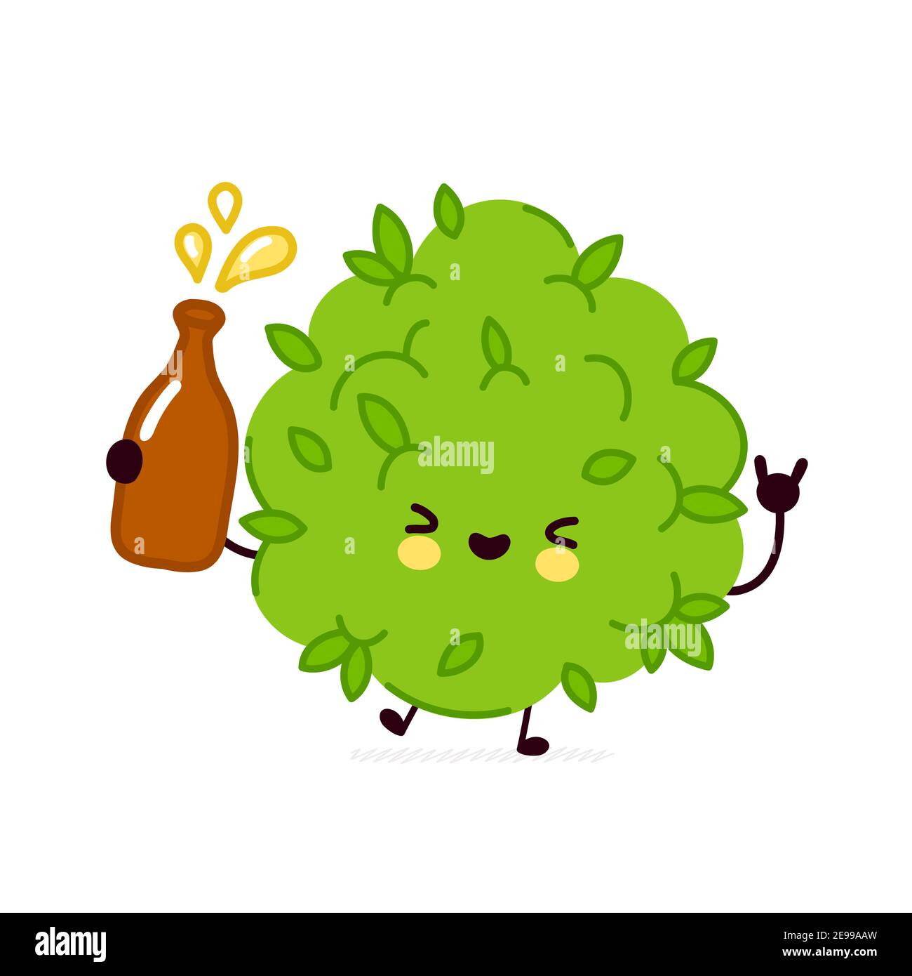 Cute funny marijuana weed bud character drink alcohol. Vector flat line cartoon kawaii character illustration icon. Isolated on white background. Weed face character mascot drank concept Stock Vector