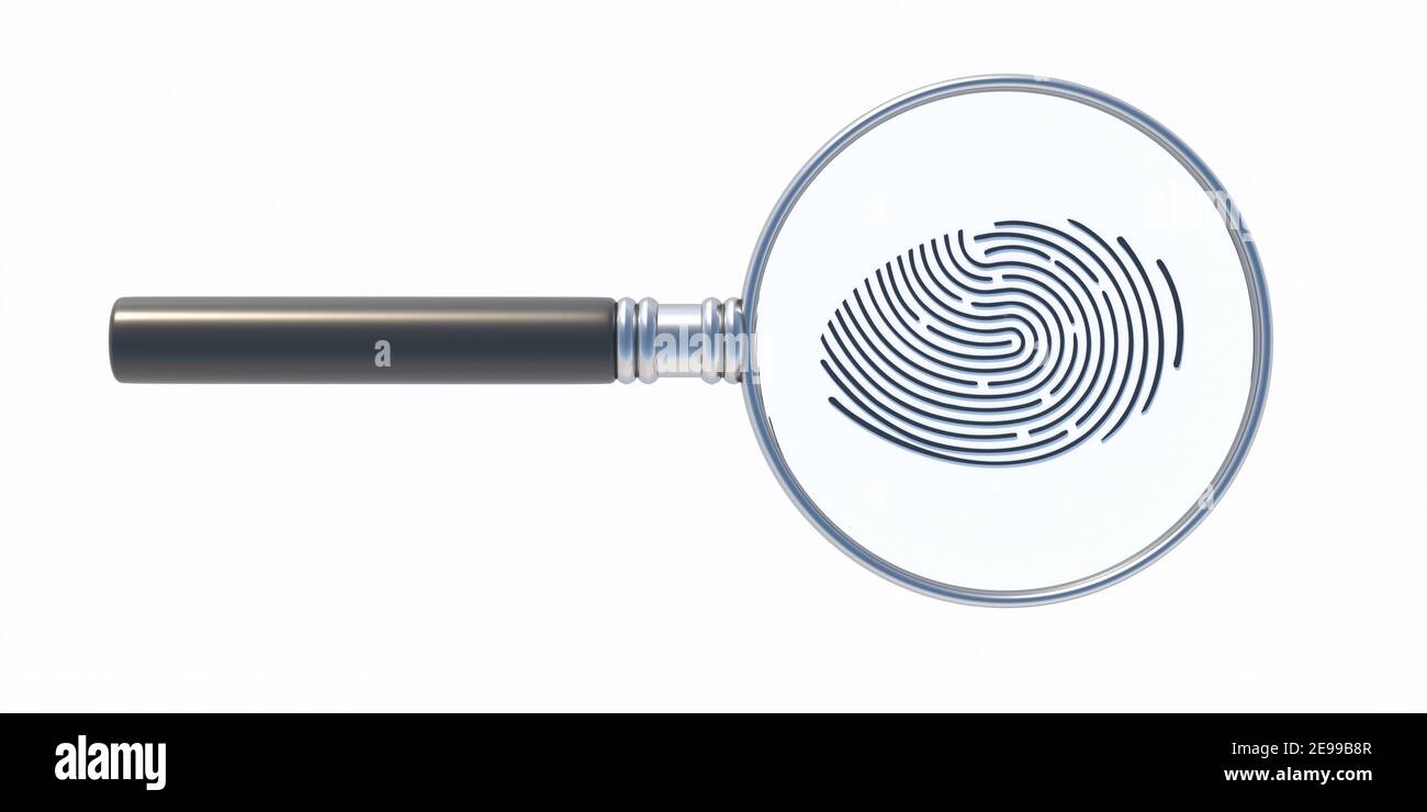 Fingerprint and magnifying glass isolated cutout on white color background. Detective crime investigation, identification concept. 3D illustration Stock Photo