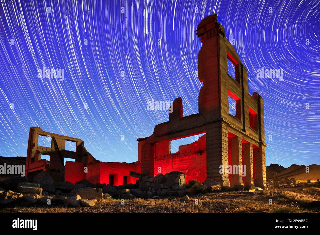 Abandoned Bank Located in Rhyolite, Nevada Light Painted With Blue Hour Sky Stock Photo