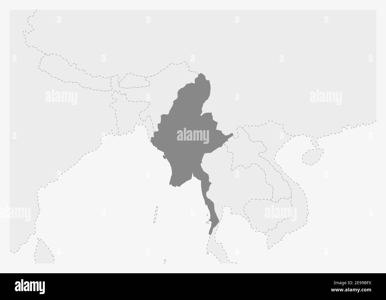 Map of Asia with highlighted Myanmar map, gray map of Myanmar with neighboring countries Stock Vector