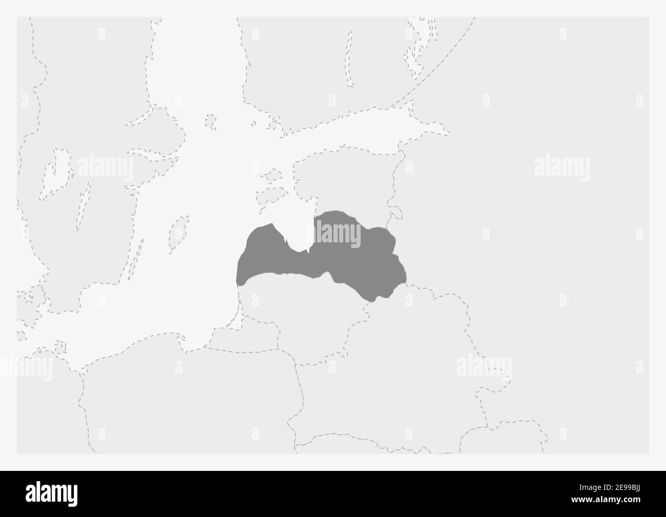 Map of Europe with highlighted Latvia map, gray map of Latvia with neighboring countries Stock Vector