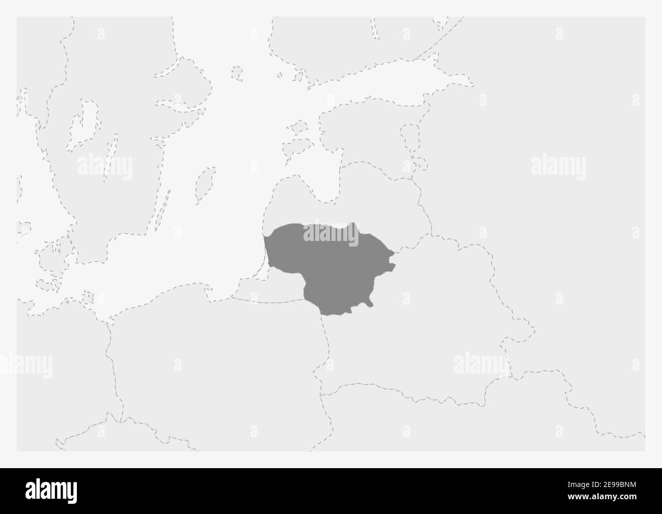 Map of Europe with highlighted Lithuania map, gray map of Lithuania with neighboring countries Stock Vector