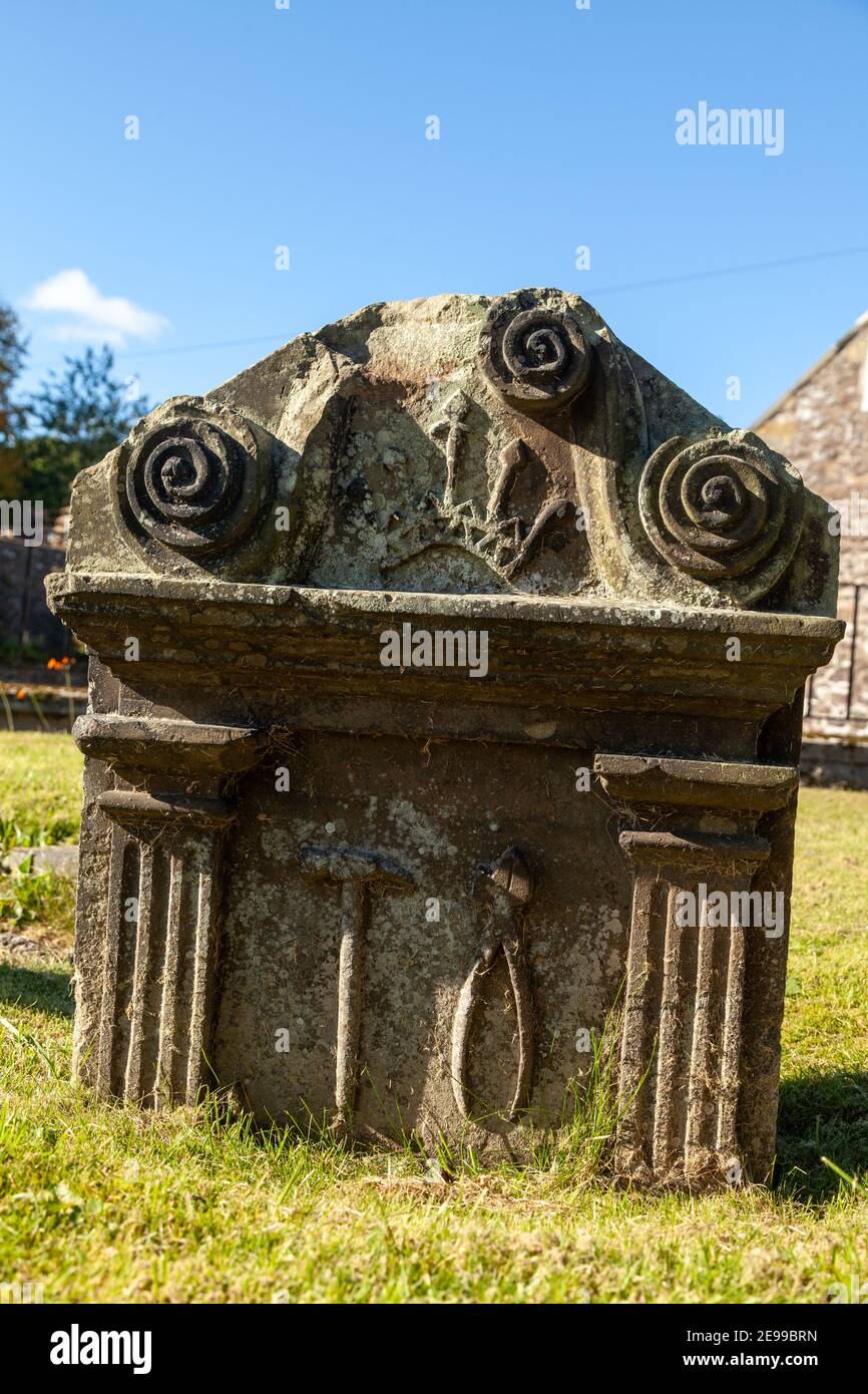 Close up of old headstones in Auchtermuchty Parish Church, Auchtermuchty, Fife, Scotland Stock
