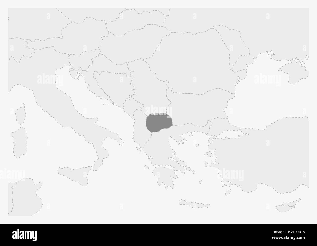 Map of Europe with highlighted Macedonia map, gray map of Macedonia