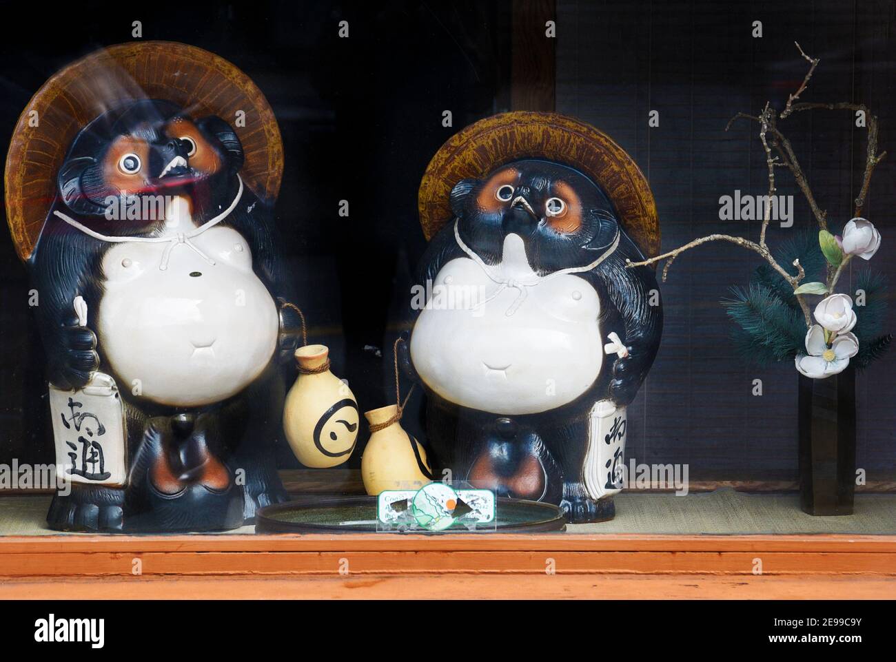 Japanese Tanuki statues for sale in a shop in the Japantown area of San