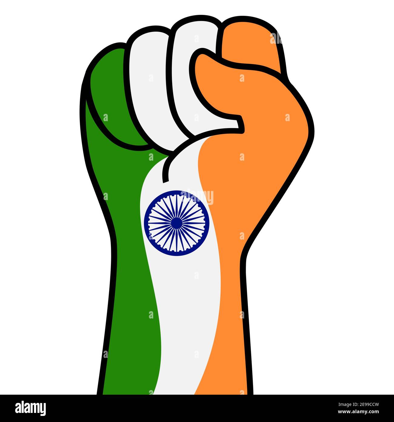 Raised indian fist flag. Indian hand. Fist shape india flag color. Patriotic demonstration, rebel, protest, fighting for human rights, freedom. Vector Stock Vector