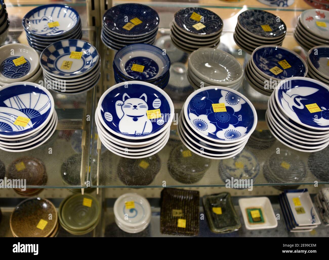 A selection of small Japanese dishes for sale in a shop in the Japantown area of San Francisco, California. Stock Photo