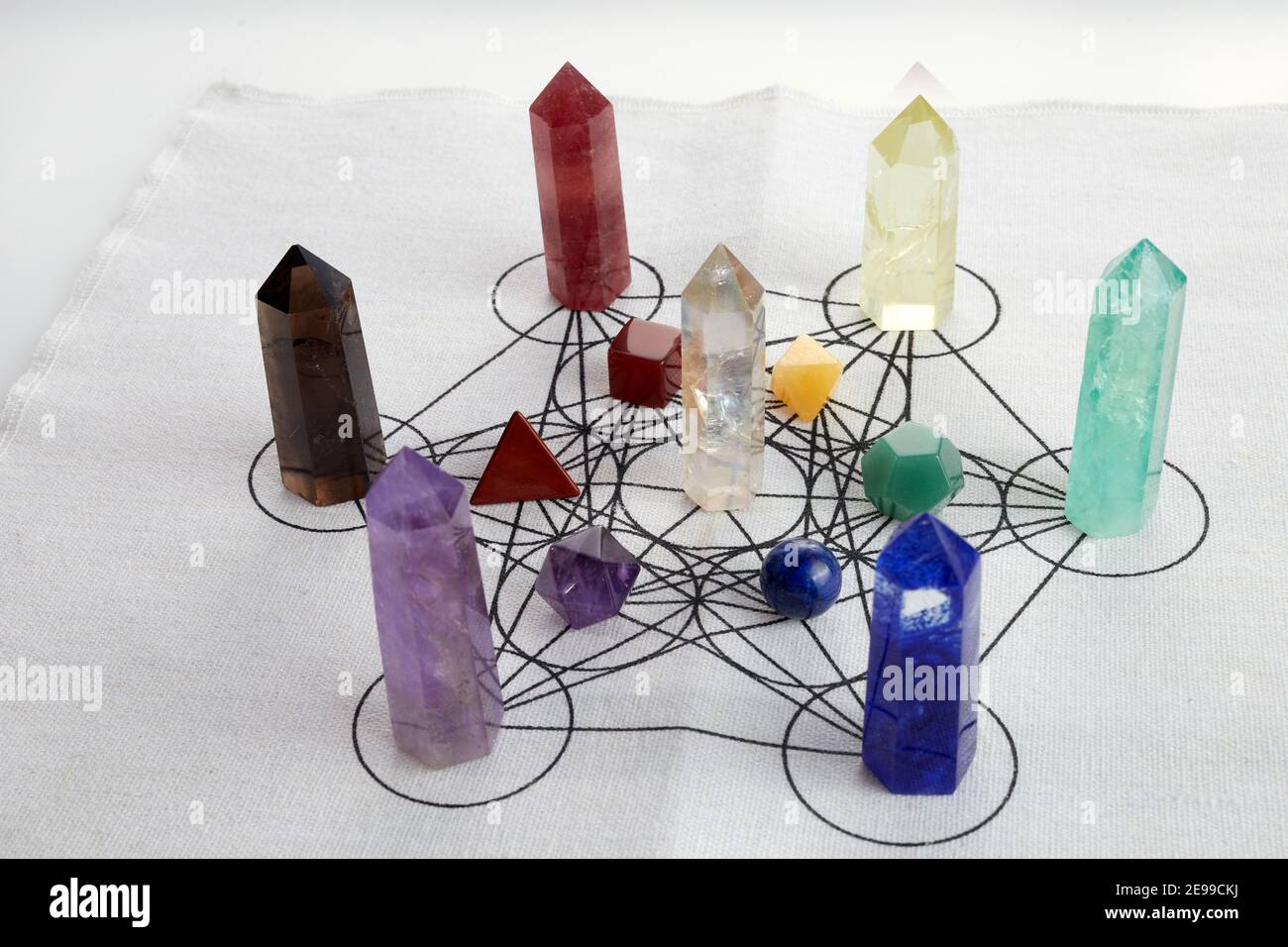 Meditation, reiki and crystal healing background. Healing crystals grid