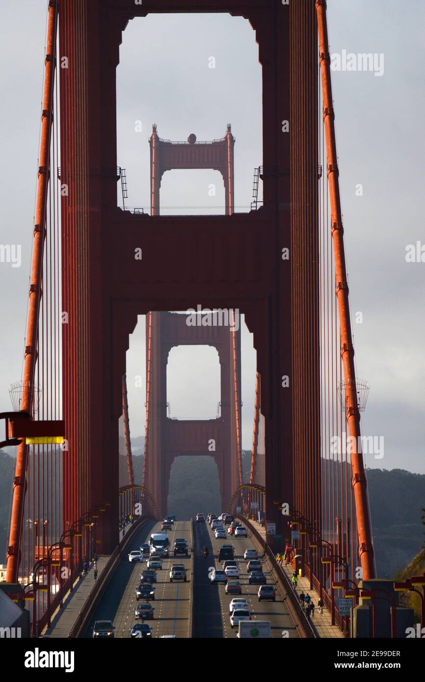 Heavy traffic on the landmark Golden Gate Bridge spanning San Francisco Bay in California. Stock Photo