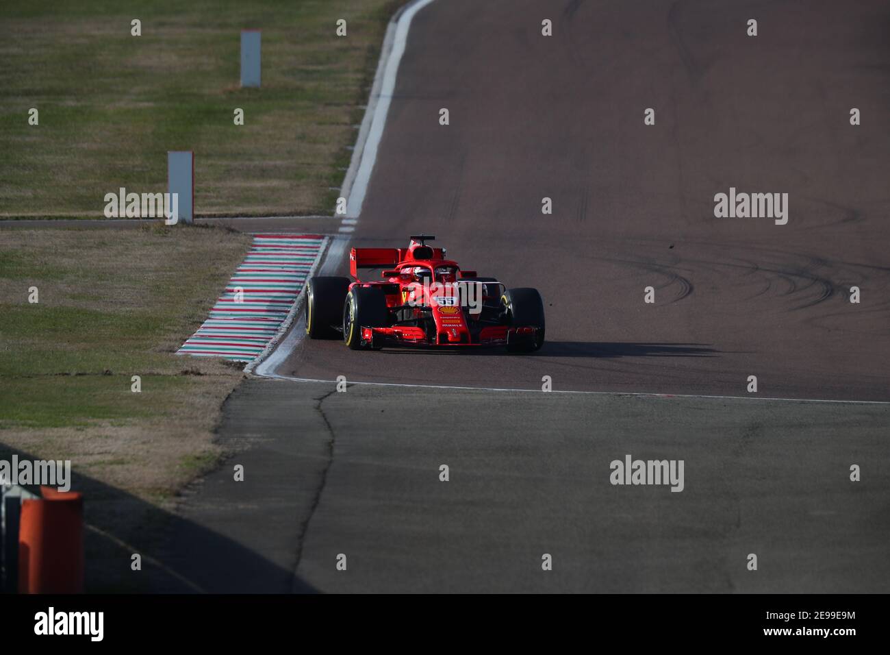 #55 Carlos Sainz Jr Ferrari Formula 1 World championship 2021, drive in a private testing the SF71H for ferrari for the first time in Fiorano, Modena. Stock Photo