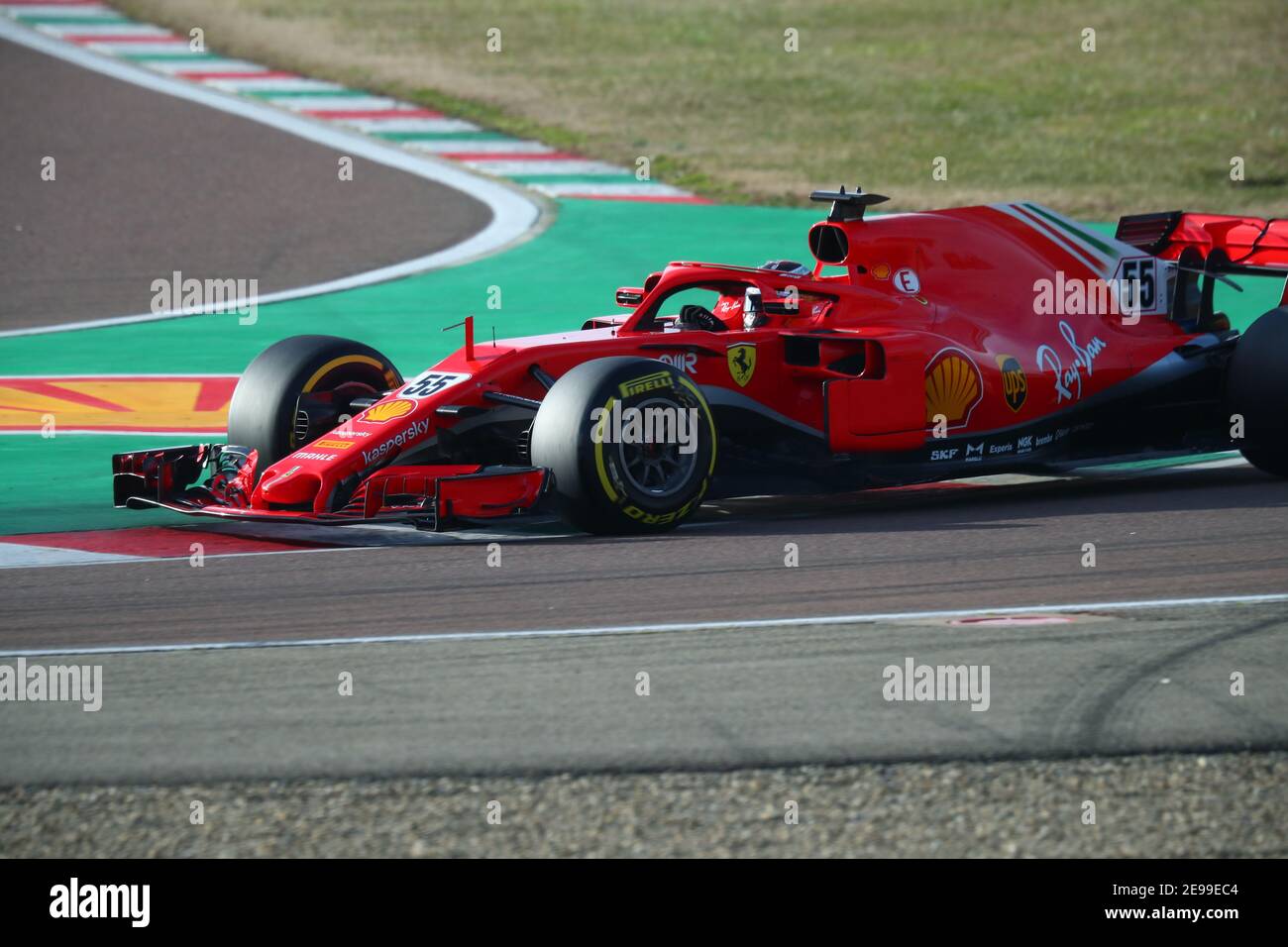 #55 Carlos Sainz Jr Ferrari Formula 1 World championship 2021, drive in a private testing the SF71H for ferrari for the first time in Fiorano, Modena. Stock Photo