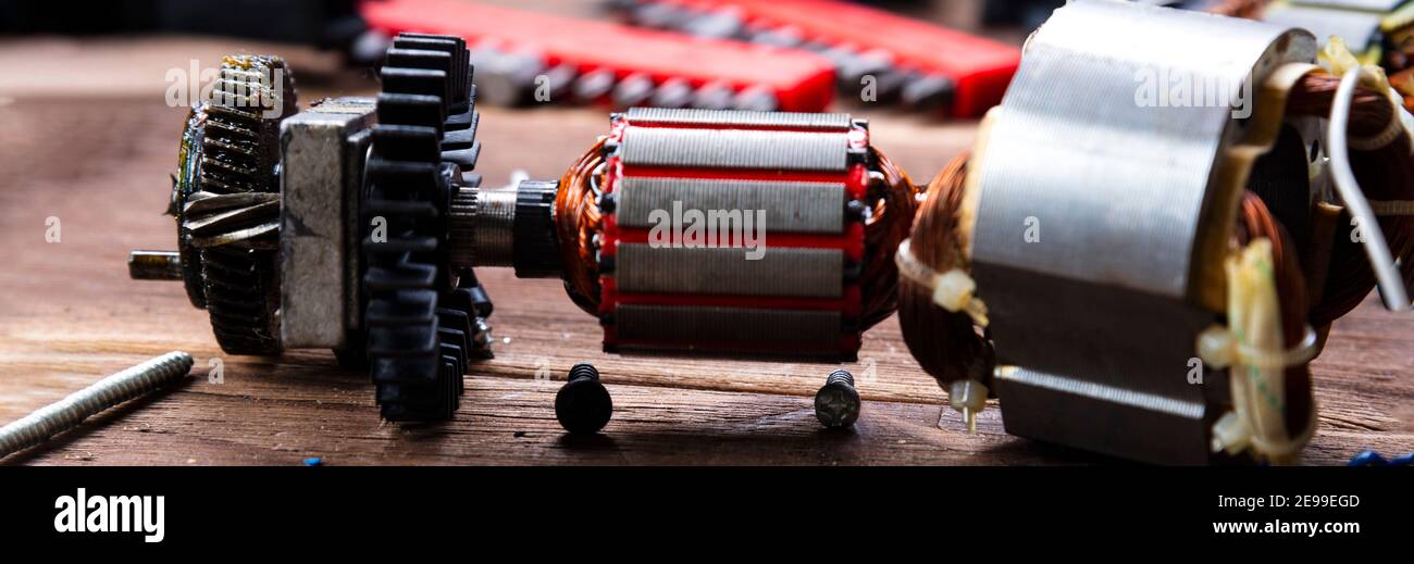 Power tool repair. Details of electrical appliance and repair tools on