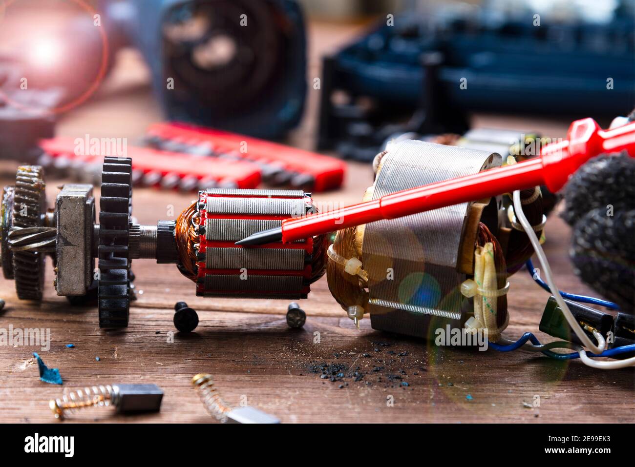 Power tool repair. Details of electrical appliance and repair tools on